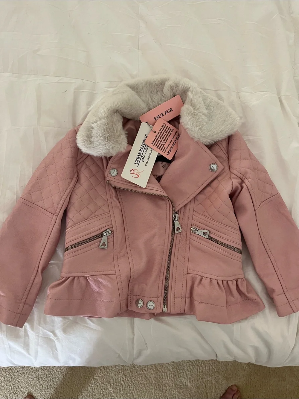Urban Republic Dusty Pink Quilted Faux Leather Jacket with Ivory Faux Fur Collar
